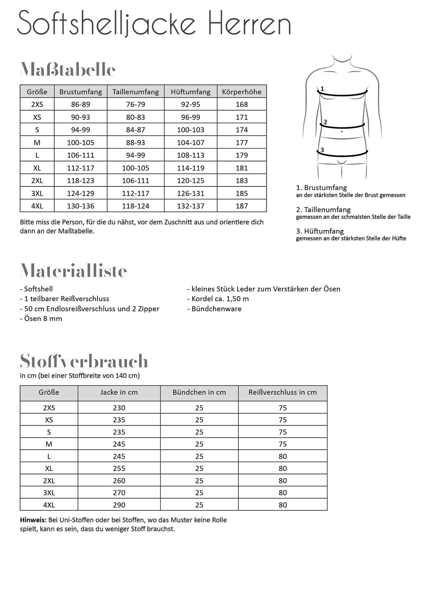 Softshelljacke Herren Maßtabelle, Materialliste, Stoffverbrauch