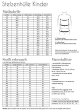 Schnittmuster Stelzenhülle Kinder aßtabelle, Stoffverbrauch, Materialliste