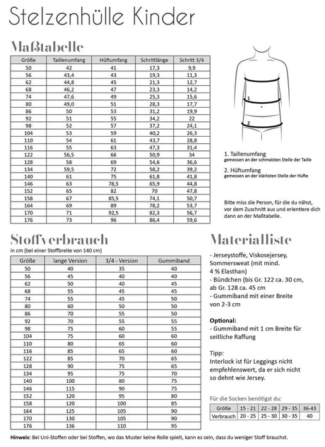 Schnittmuster Stelzenhülle Kinder aßtabelle, Stoffverbrauch, Materialliste