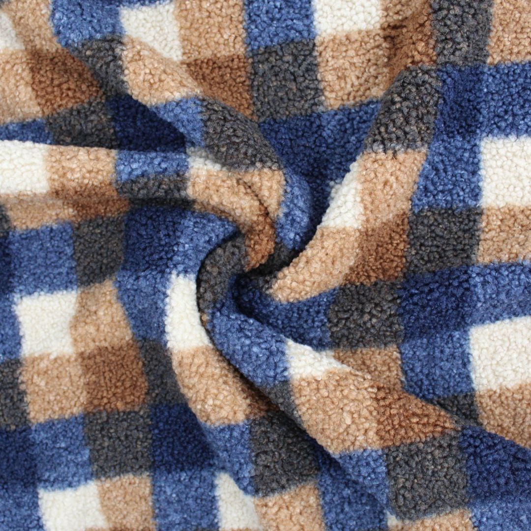 Strickbouclé Stoff Blau-Braun mit Karomuster – drapierter Stoff zeigt weichen Fall und natürliche Elastizität für Mode und Mäntel