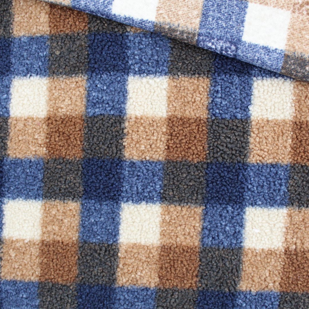 Strickbouclé Stoff mit Karomuster in Blau und Braun – weicher, strukturierter Stoff aus 100 % Polyester, ideal für Jacken und Hoodies