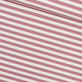 Nahaufnahme des French Terry Stoffes mit zarten rosa Streifen auf einer weichen und elastischen Oberfläche, ideal für bequeme Kleidung.