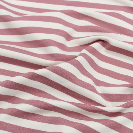 French Terry Stoff in Rosa mit feinen Streifen, perfekt für stilvolle Nähprojekte für Kinder und Erwachsene