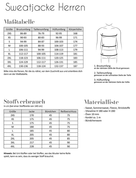 Papierschnittmuster Sweatjacke Herren | Fadenkäfer Maßtabelle, Stoffverbrauch, Materialliste