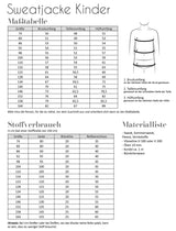 Sweatjacke Schnittmuster für Kinder | Maßtabelle, Stoffverbrauch, Materialliste