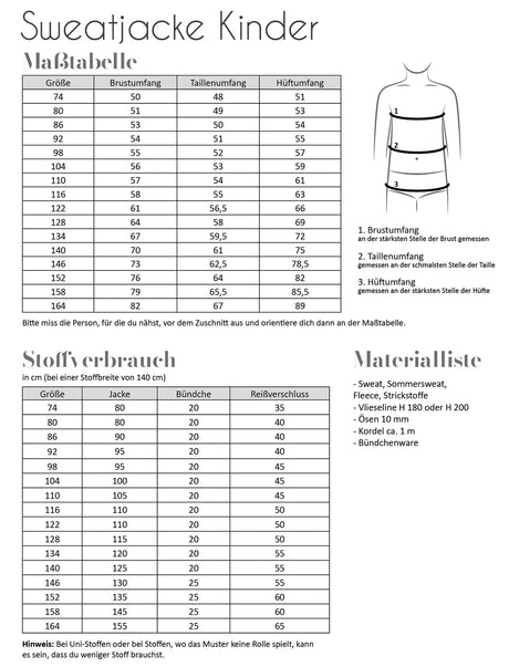 Sweatjacke Schnittmuster für Kinder | Maßtabelle, Stoffverbrauch, Materialliste