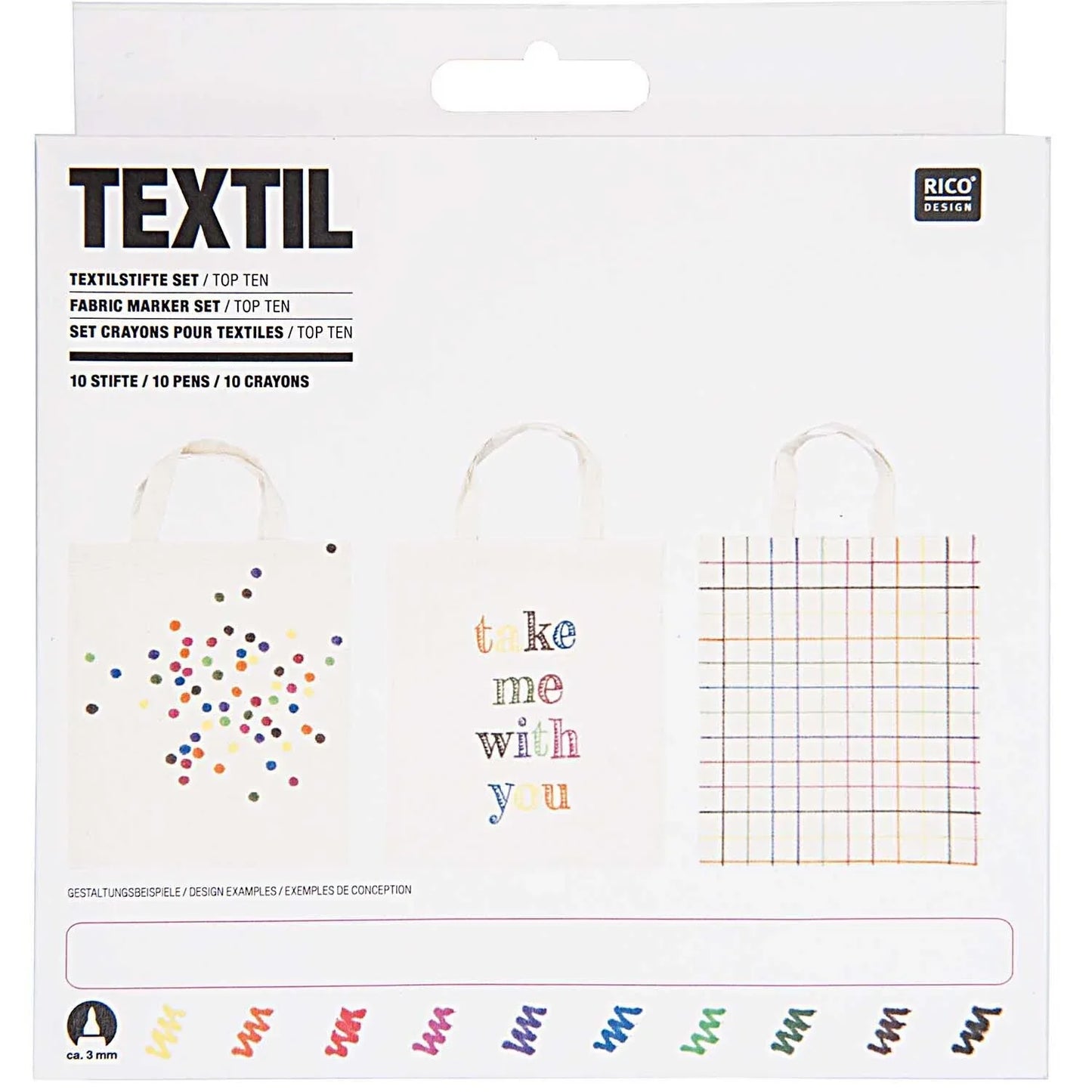 Rico Design Textilstifte Set mit 10 Farben für präzise und waschbeständige Stoffgestaltung auf hellen Textilien