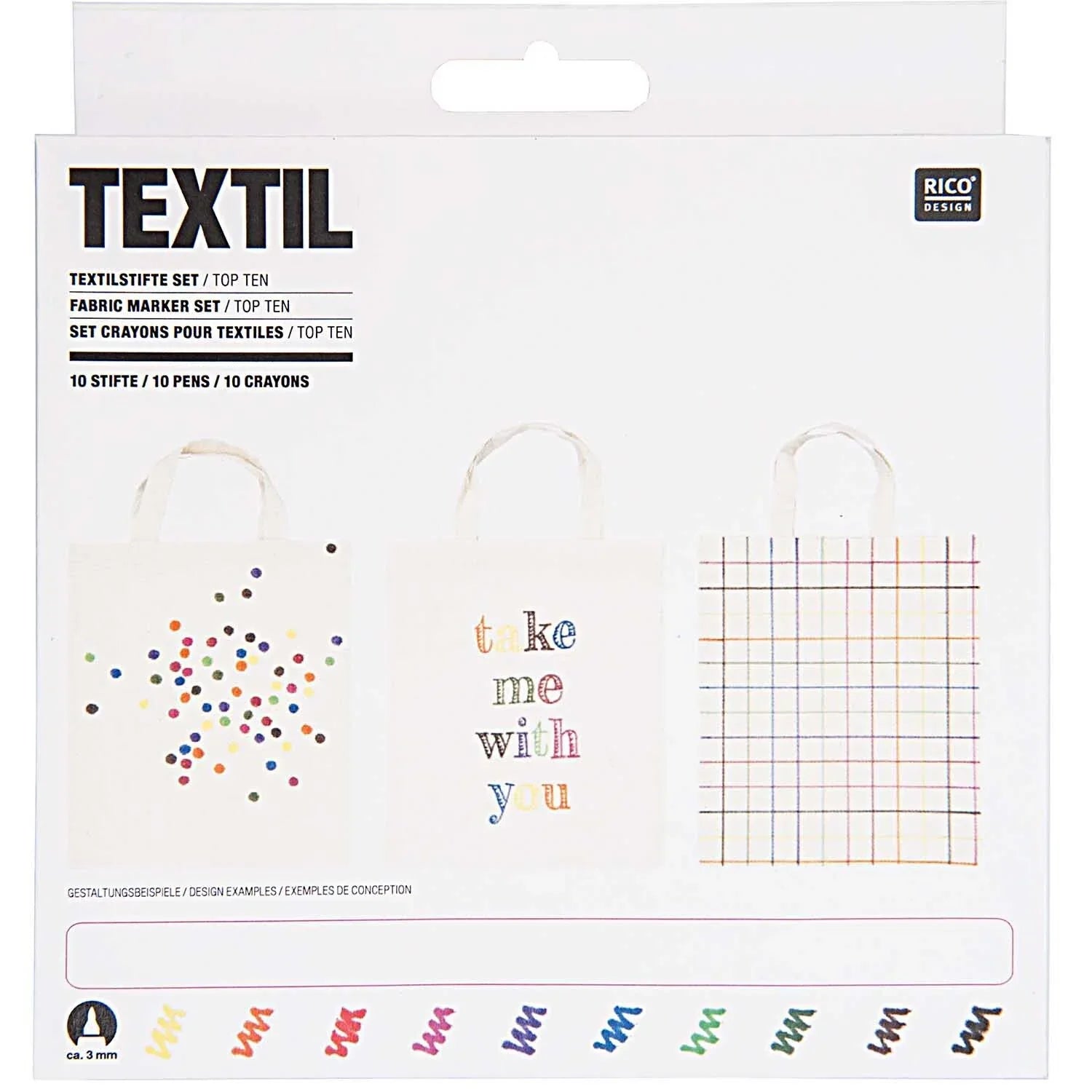 Rico Design Textilstifte Set mit 10 Farben für präzise und waschbeständige Stoffgestaltung auf hellen Textilien