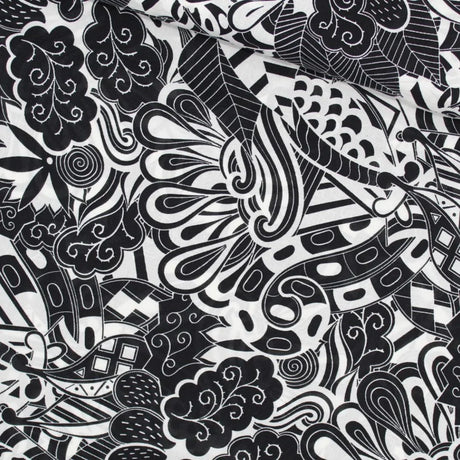 Viskose-Voile-Stoff in Schwarz-Weiß mit abstraktem Muster, perfekt für die Herstellung von Strandkleidern, Blusen und Röcken. Stoffball