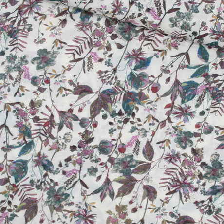 Weicher Viskosestoff "Blumenfeld" in lila und grün mit Blumenmuster, ideal für die Herstellung von Kleidern, Blusen und Röcken. Stoffball