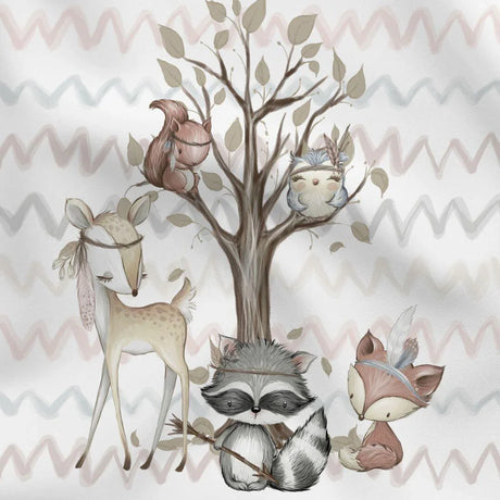 Baumwollstoff Panel mit handgemalten Waldfreunden – Reh, Fuchs, Eule, Eichhörnchen und Waschbär aus der Boho Kollektion auf 100% Baumwolle, ideal für Baby- und Kinderdecken.