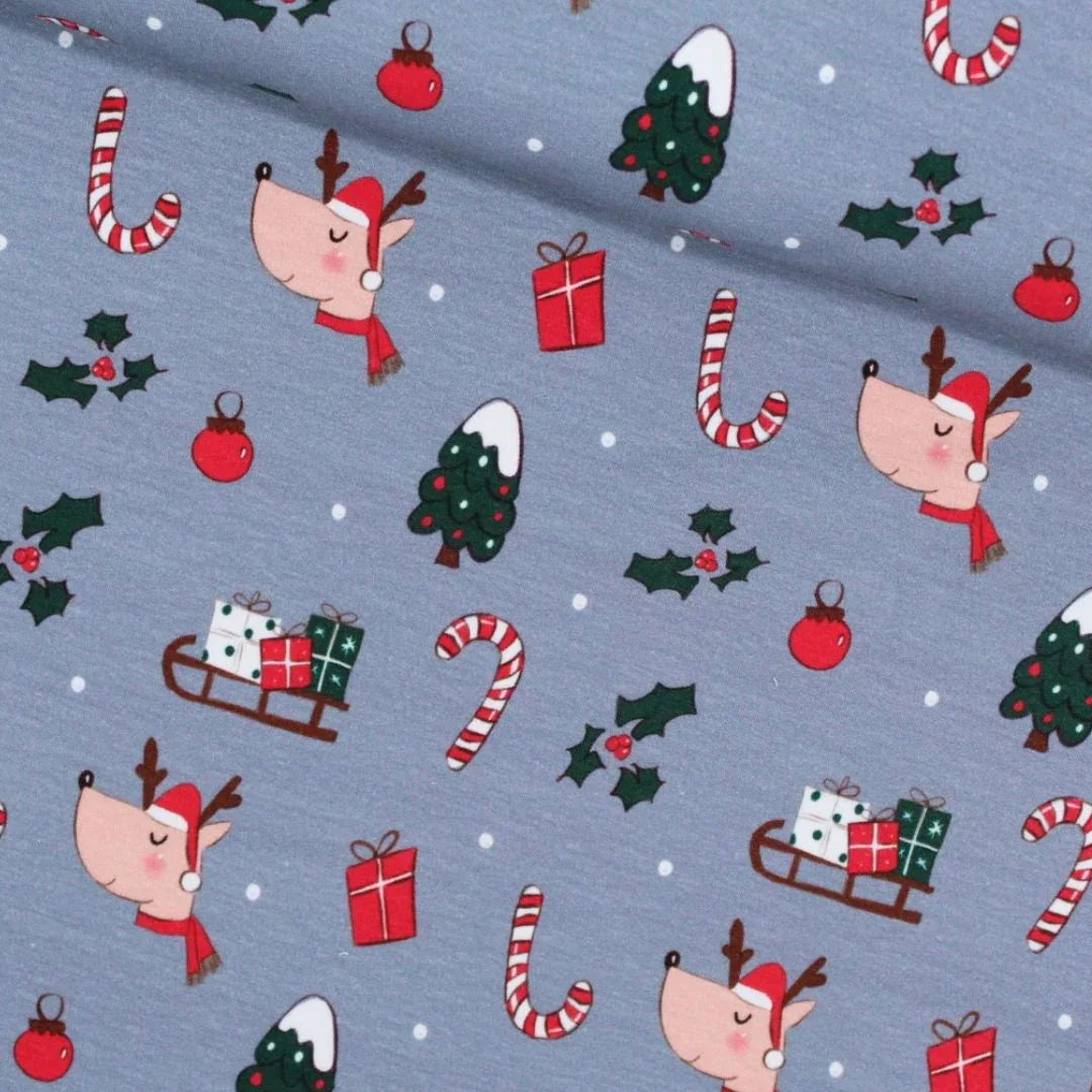Weihnachtsstoff "Reh auf Grau" – Niedliche Rehe auf grauem Hintergrund, Detailansicht