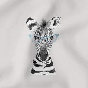 Weiches Jersey Panel mit Zebra-Motiv in Brille auf grauem Hintergrund für Kinderkleidung.