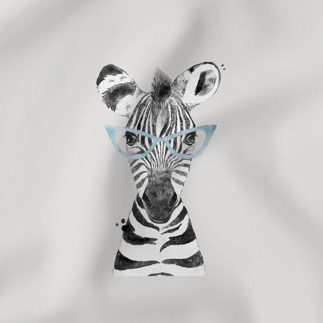 Weiches Jersey Panel mit Zebra-Motiv in Brille auf grauem Hintergrund für Kinderkleidung.