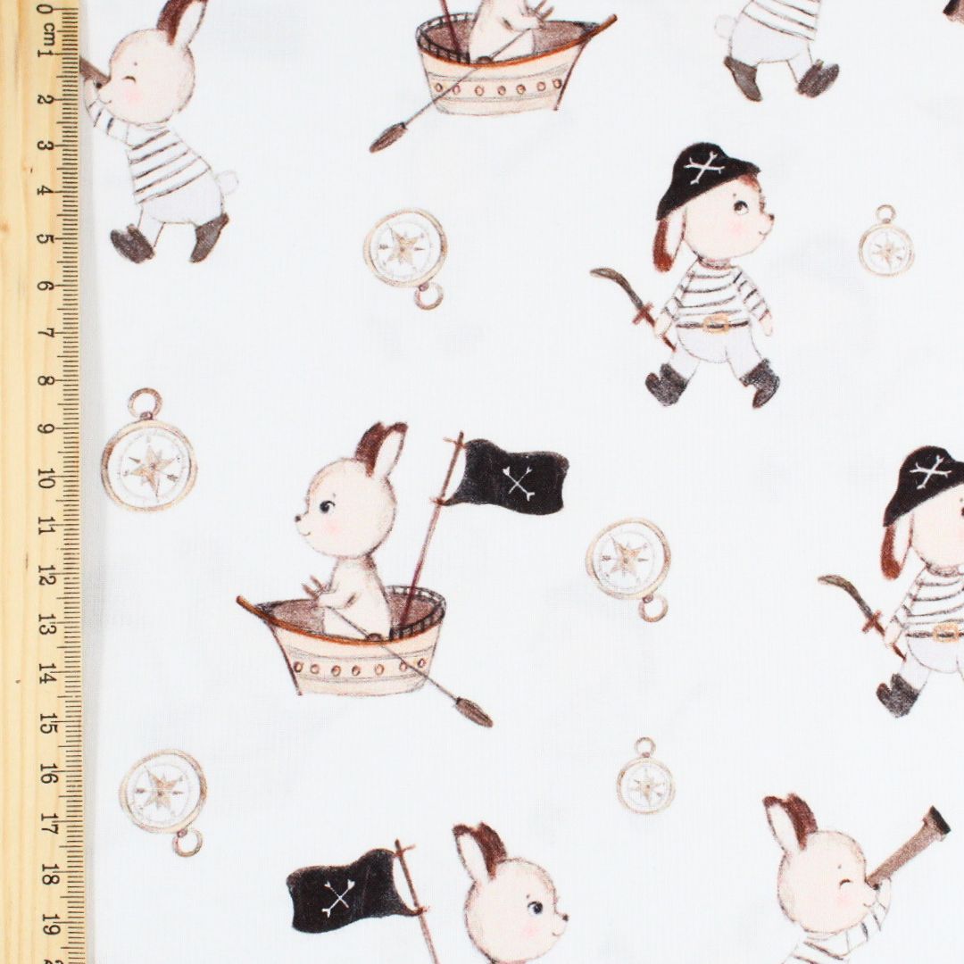Baumwollstoff Hasen Piraten | Weiß - Stofftime