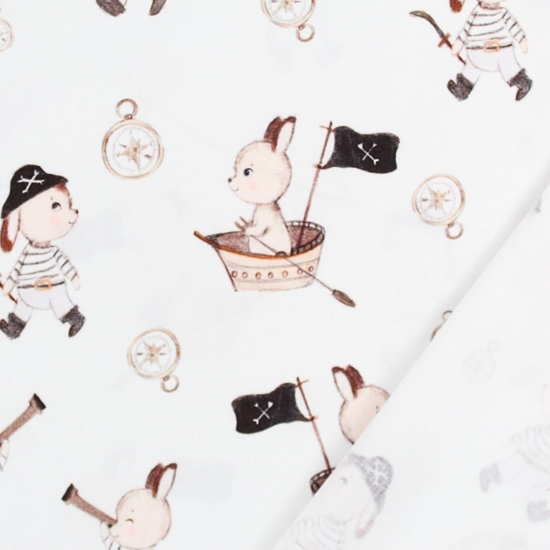 Baumwollstoff Hasen Piraten | Weiß - Stofftime