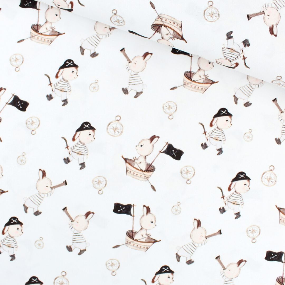 Baumwollstoff Hasen Piraten | Weiß - Stofftime