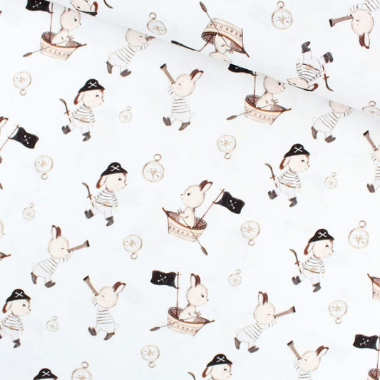 Baumwollstoff Hasen Piraten | Weiß - Stofftime