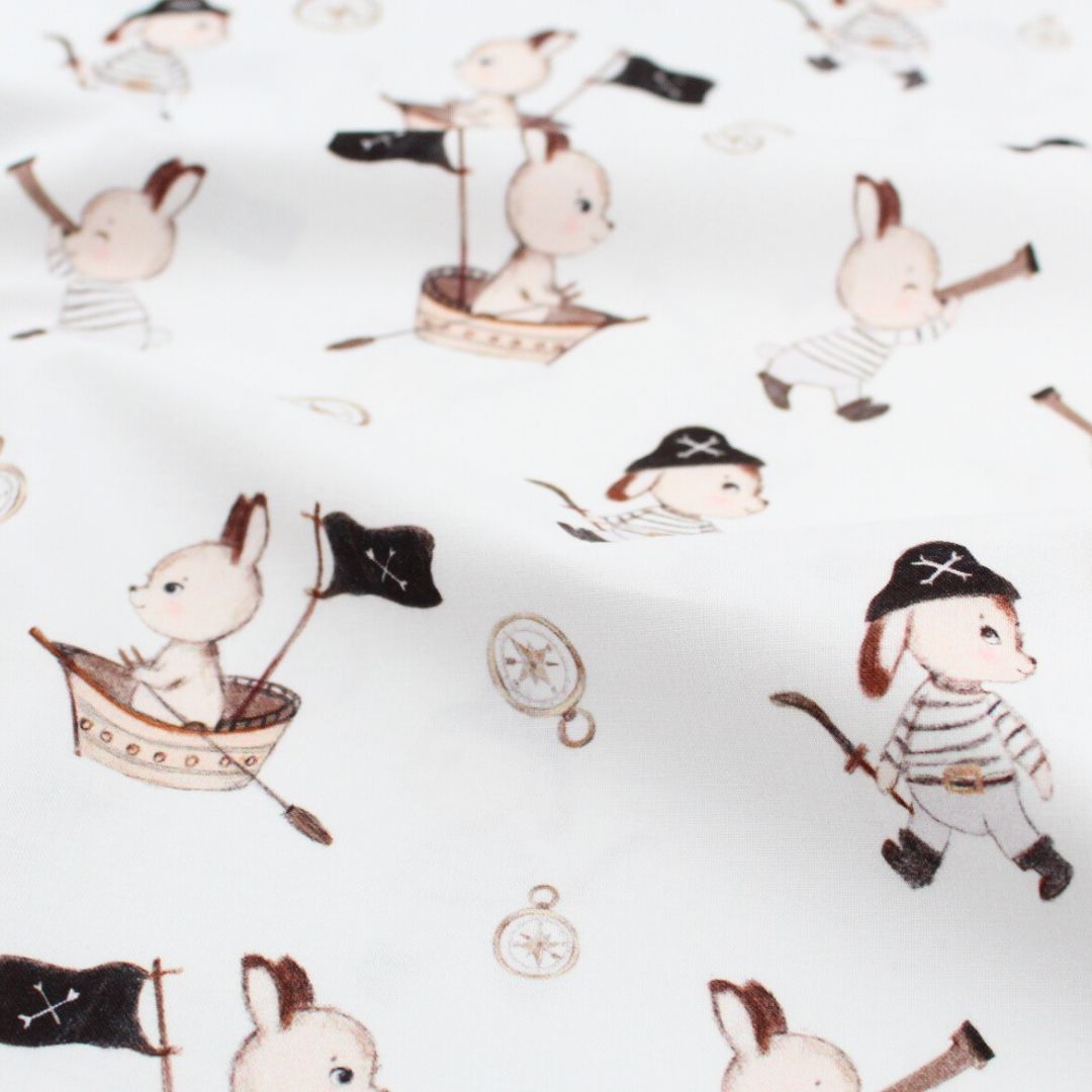 Baumwollstoff Hasen Piraten | Weiß - Stofftime