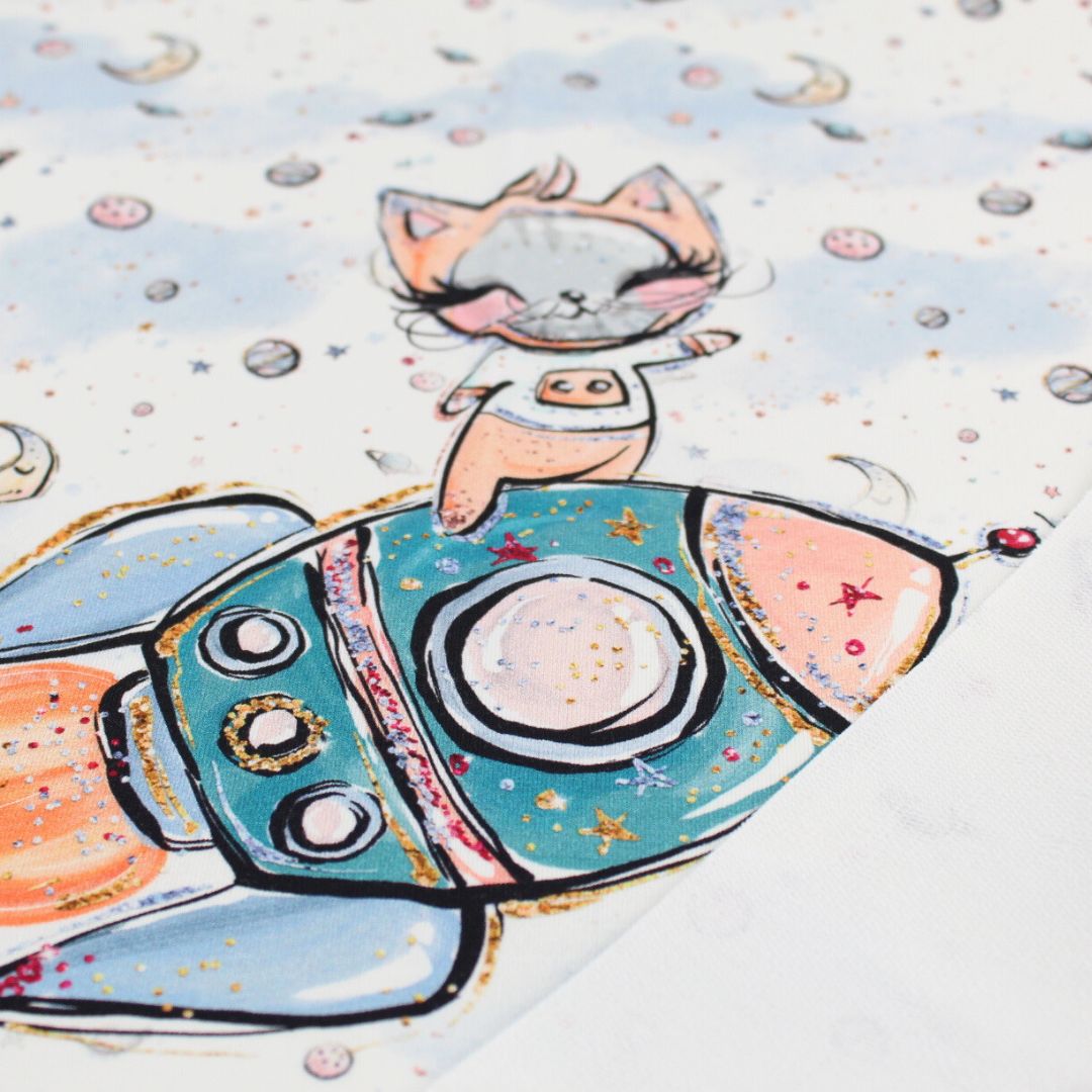 French Terry Panel Weltraum - Katze auf Rakete | Blau - Weiß - Stofftime
