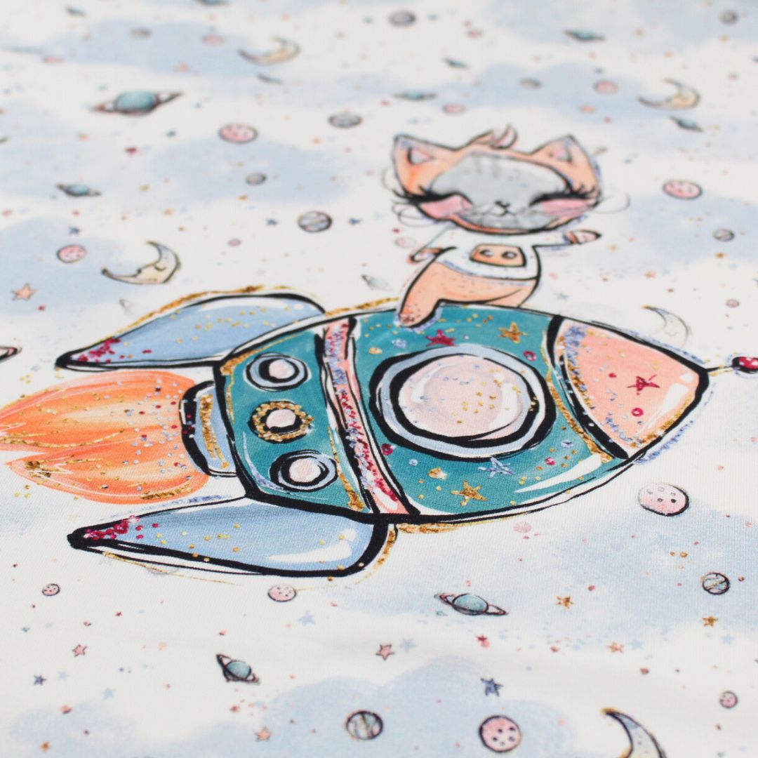 French Terry Panel Weltraum - Katze auf Rakete | Blau - Weiß - Stofftime