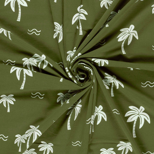 Jersey Stoff weiße Palmen | Khaki - Stofftime