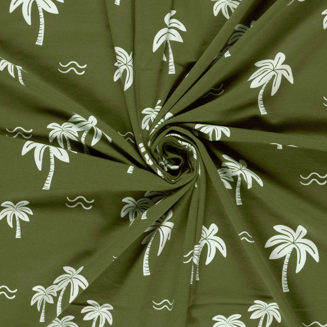 Jersey Stoff weiße Palmen | Khaki - Stofftime