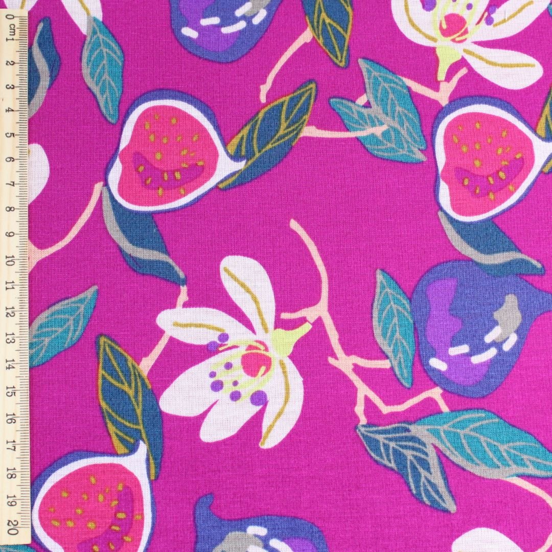 Kuschelsweat Stoff – Feigen und Blumen | Lila - Stofftime