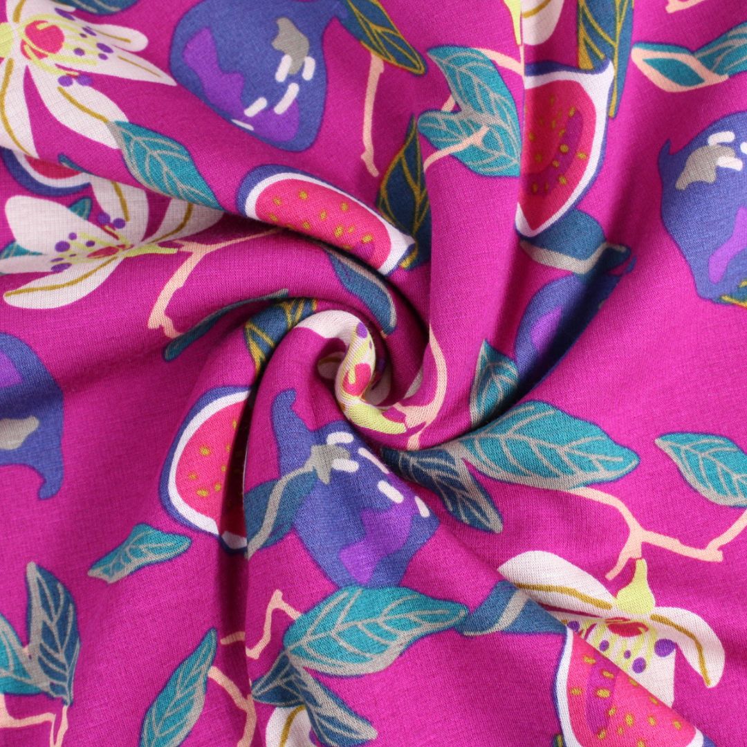 Kuschelsweat Stoff – Feigen und Blumen | Lila - Stofftime