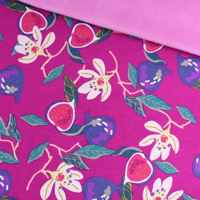 Kuschelsweat Stoff – Feigen und Blumen | Lila - Stofftime