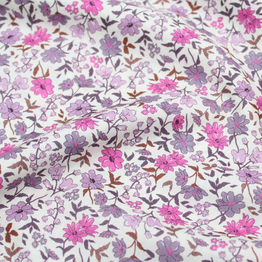 Leichter Baumwollstoff Voile mit Vintage Blumen | Fuchsia - Stofftime