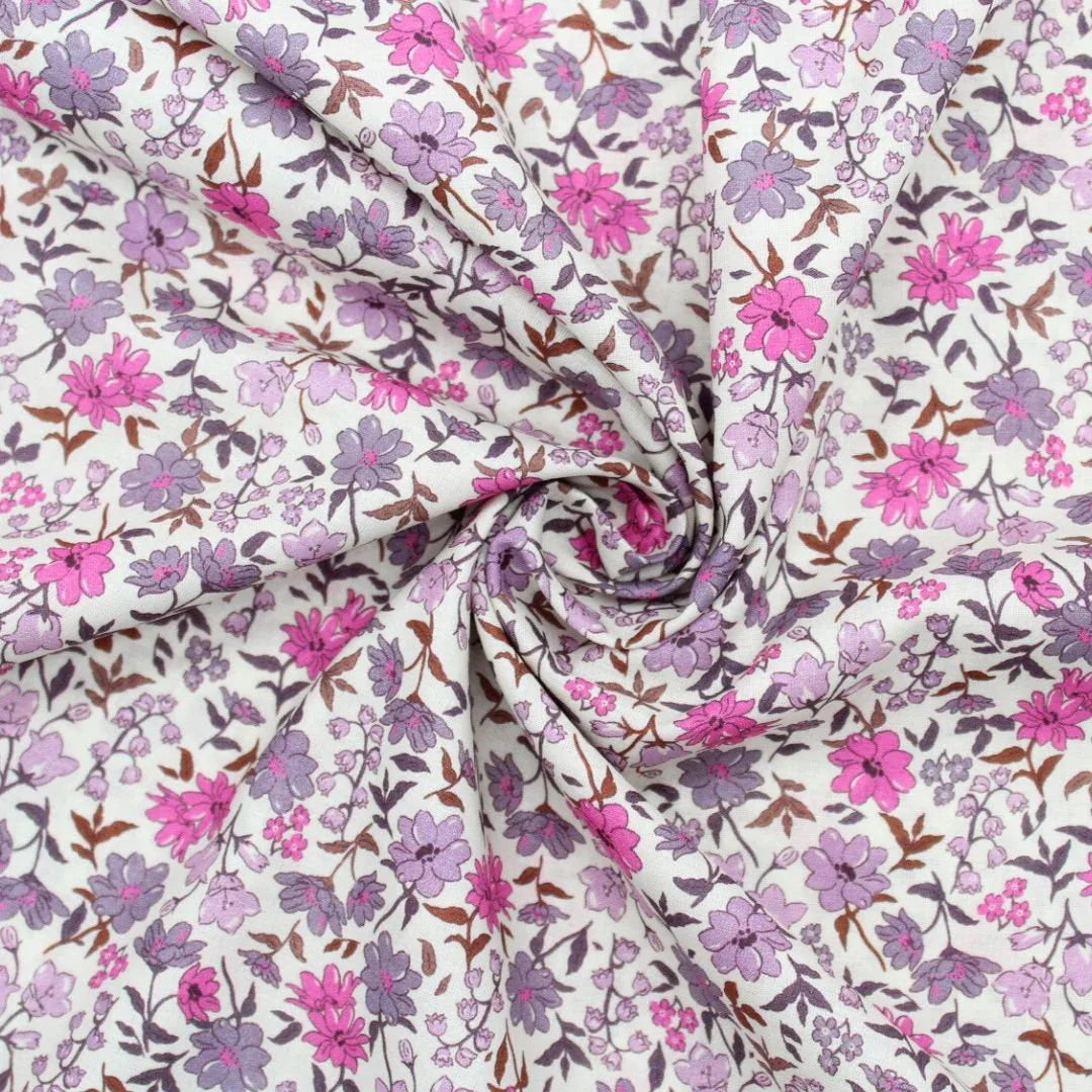 Leichter Baumwollstoff Voile mit Vintage Blumen | Fuchsia - Stofftime