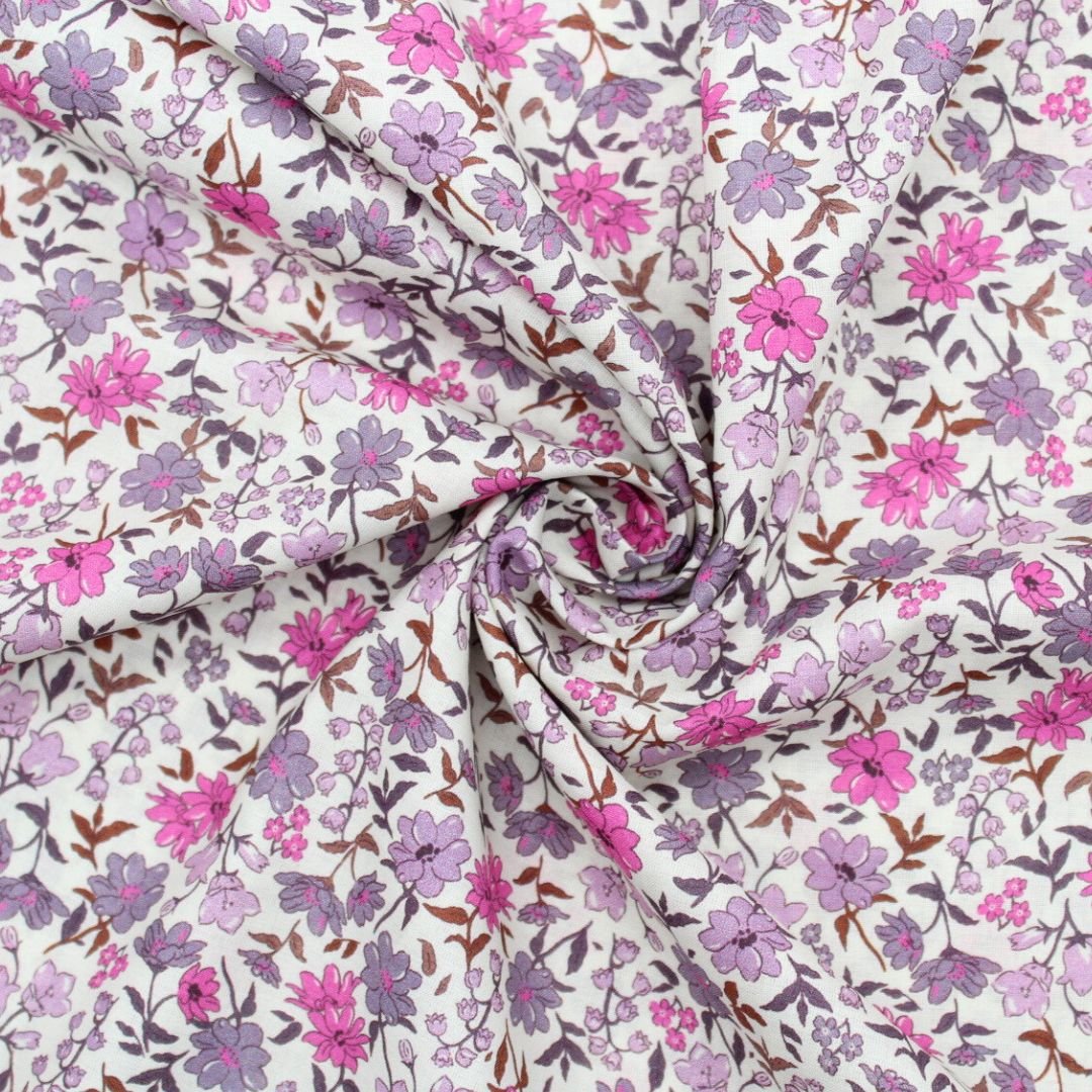 Leichter Baumwollstoff Voile mit Vintage Blumen | Fuchsia - Stofftime