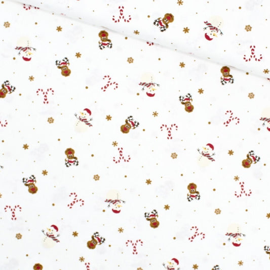 Popeline Stoff Weihnachtsstoff Schneemann, Rentier, Zuckerstange - Stofftime