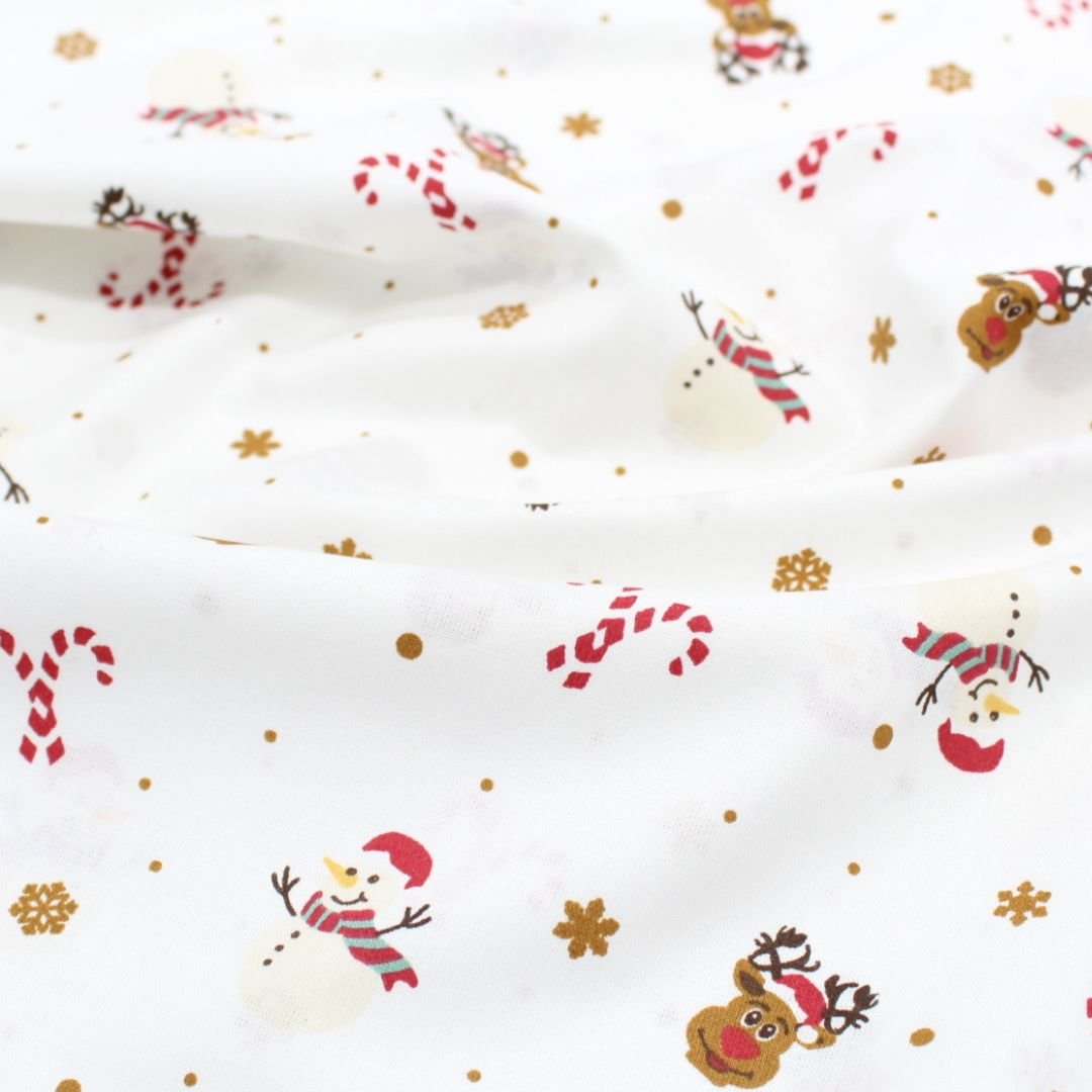 Popeline Stoff Weihnachtsstoff Schneemann, Rentier, Zuckerstange - Stofftime