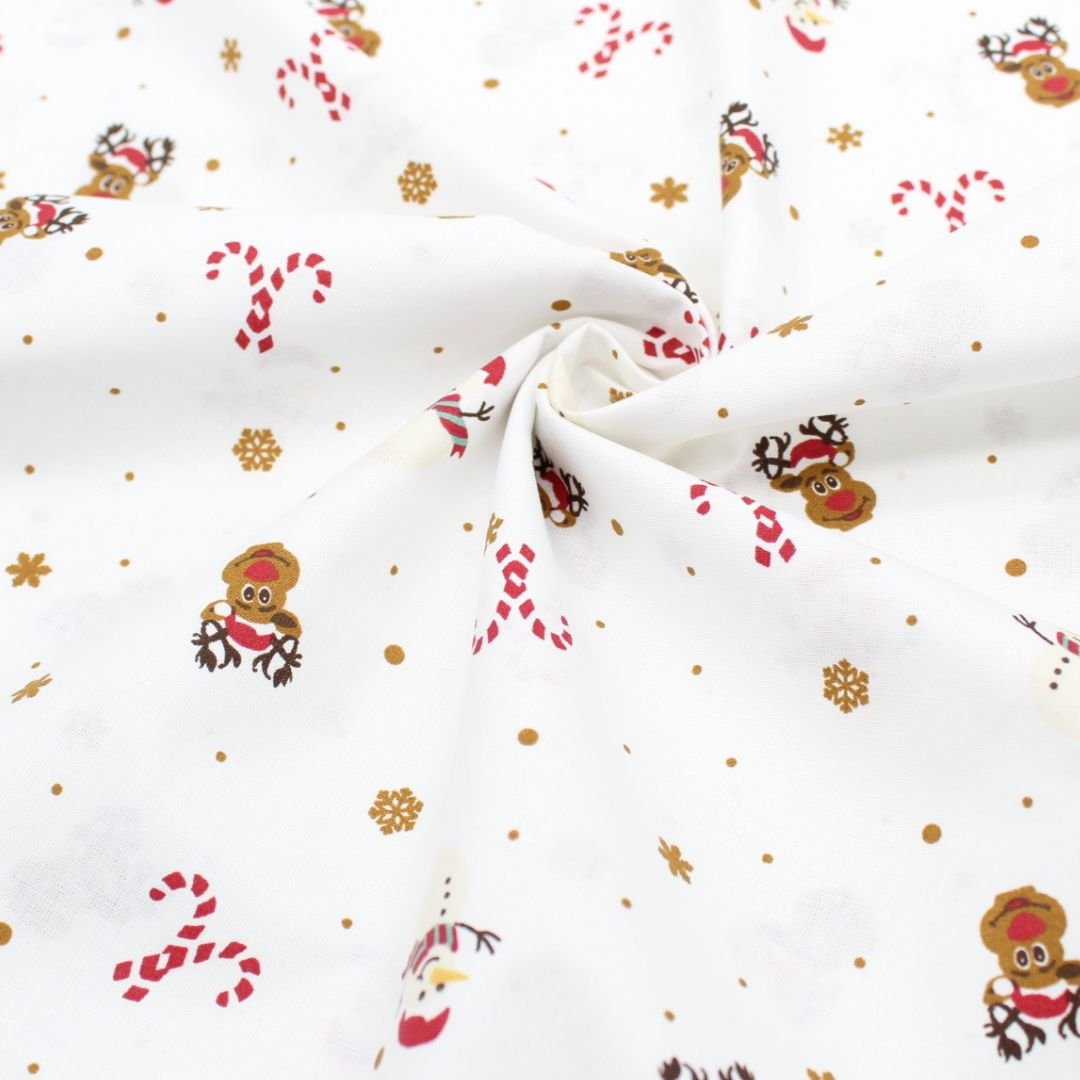 Popeline Stoff Weihnachtsstoff Schneemann, Rentier, Zuckerstange - Stofftime