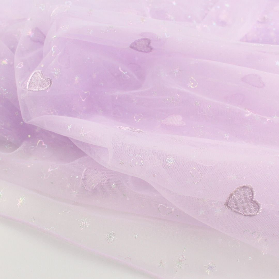 Tüllstoff mit gestickten Herzen und glitzernden Sternen - Stofftime