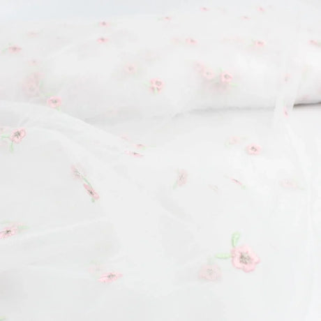 Tüllstoff mit gestickten rosa Blumen - Stofftime