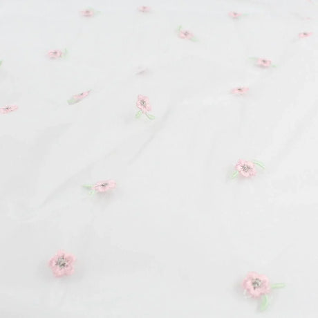 Tüllstoff mit gestickten rosa Blumen - Stofftime