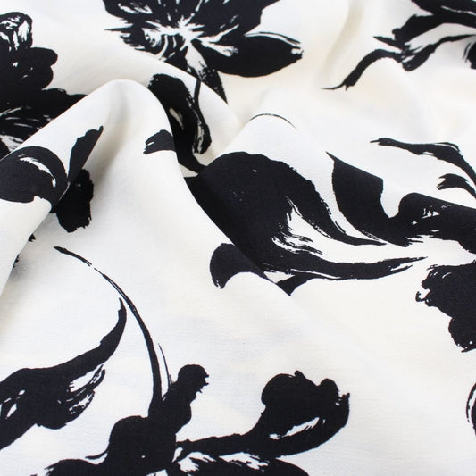 Viskose Nylon Schwarze Blumen | Ecru - Stofftime