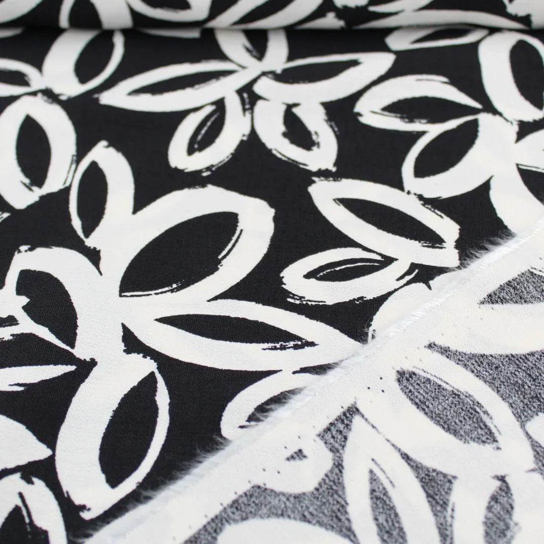 Viskose Nylon Weiße Blumen | Schwarz - Stofftime