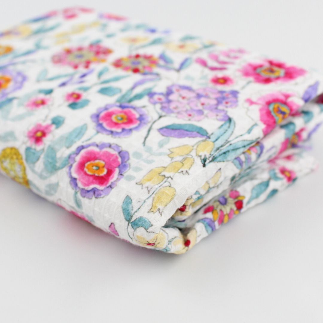 Waffelstoff bunte Blumen | Weiß - Stofftime
