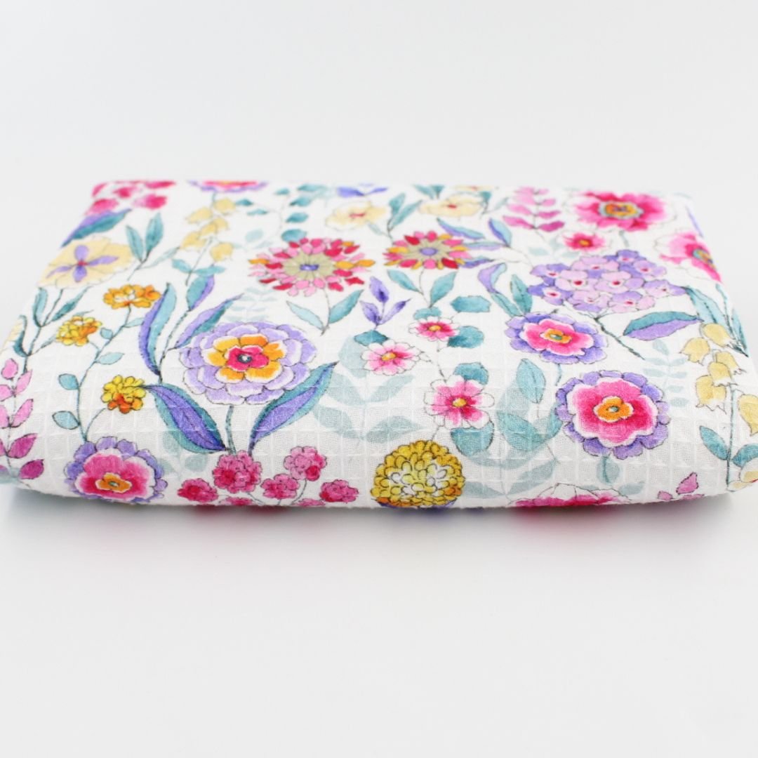 Waffelstoff bunte Blumen | Weiß - Stofftime