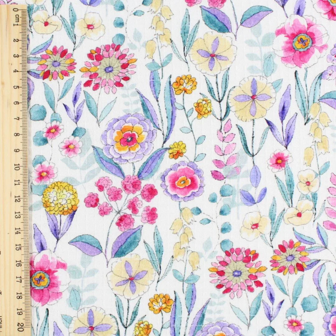 Waffelstoff bunte Blumen | Weiß - Stofftime