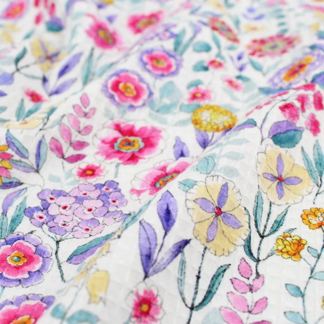 Waffelstoff bunte Blumen | Weiß - Stofftime
