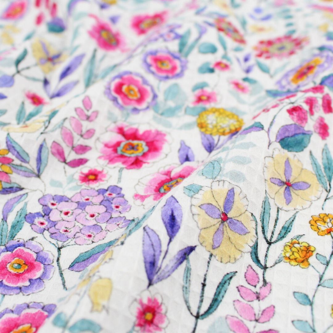 Waffelstoff bunte Blumen | Weiß - Stofftime