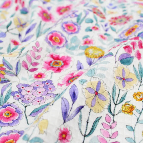 Waffelstoff bunte Blumen | Weiß - Stofftime