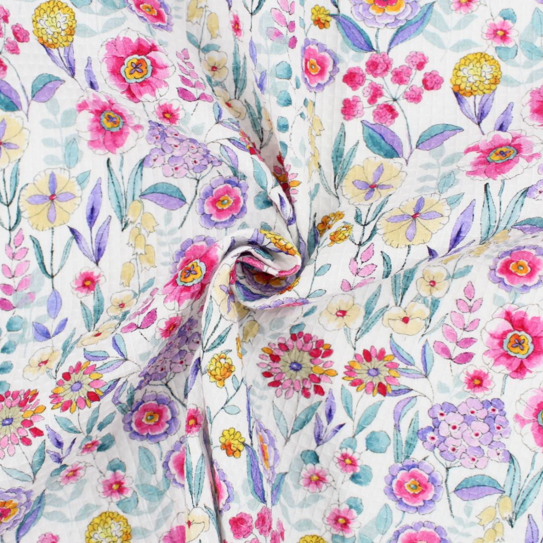 Waffelstoff bunte Blumen | Weiß - Stofftime