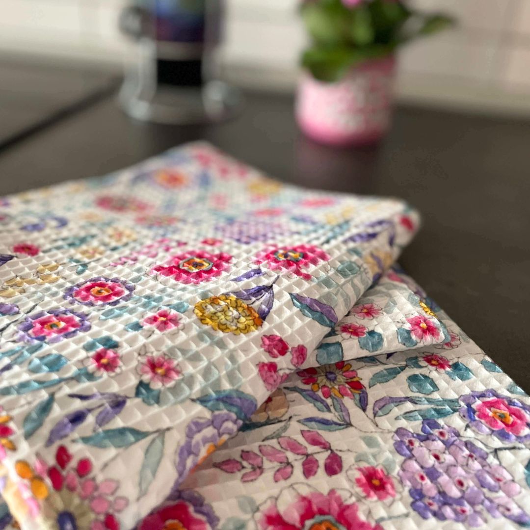 Waffelstoff bunte Blumen | Weiß - Stofftime