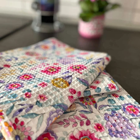 Waffelstoff bunte Blumen | Weiß - Stofftime